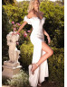 Ivory Satin Side Slit Elegant Wedding Dress